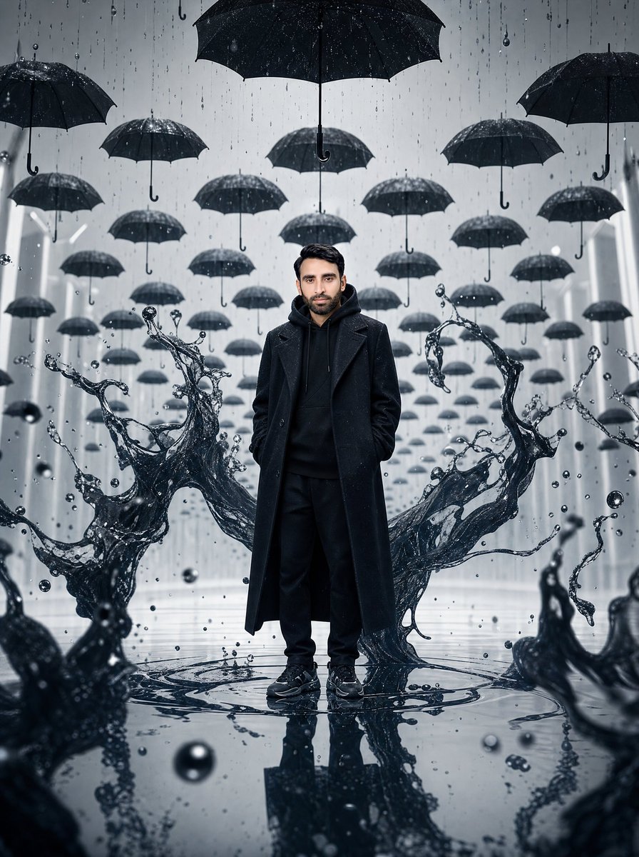 Surreal Man in Black Rain Room AI image template preview