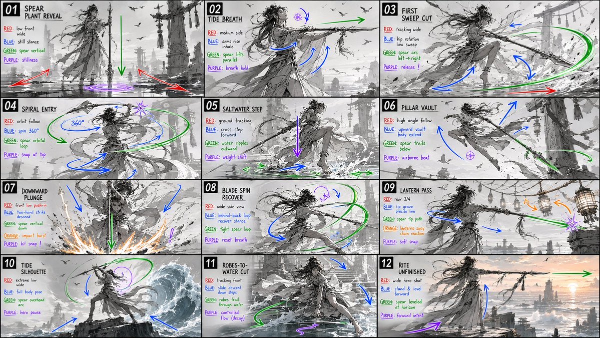 12-Panel Spear Sakuga Storyboard AI image template preview