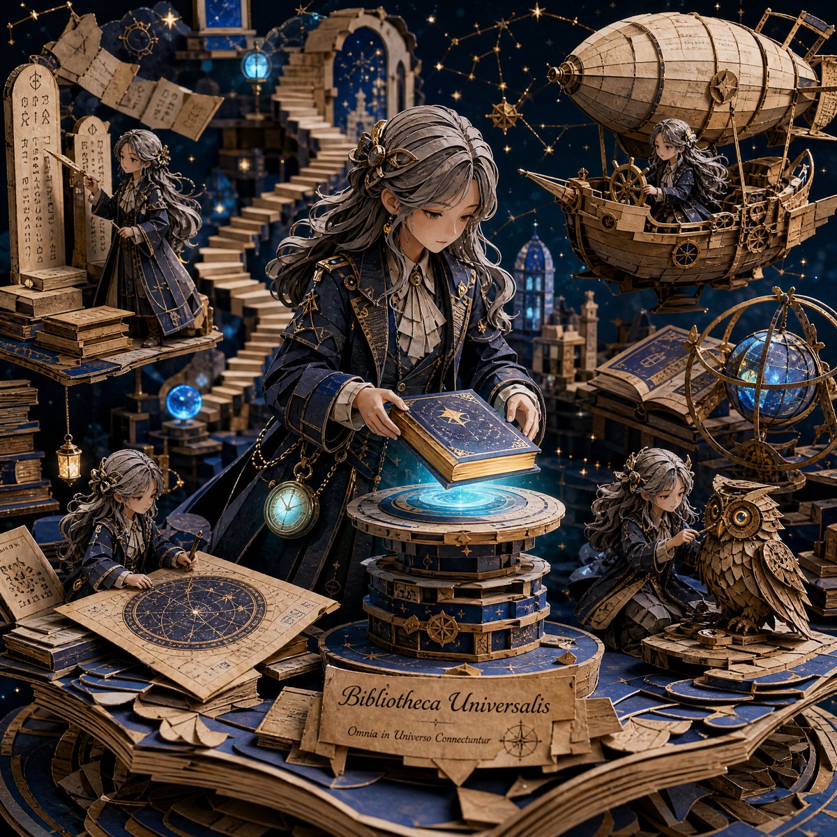 3D Papercraft Cosmic Library Diorama AI image template preview