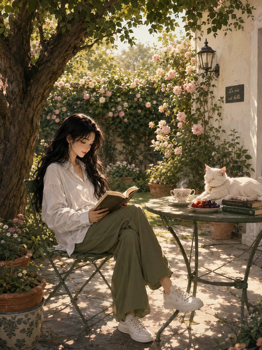 Serene Sunlit Garden Reading Scene AI image template preview