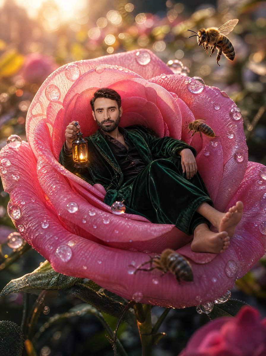 Tiny Man Lounging in Giant Rose AI image template preview
