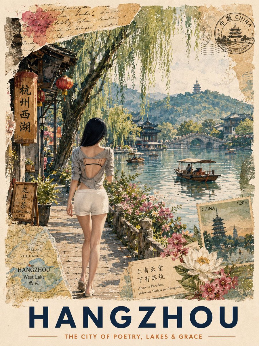 Vintage Hangzhou Travel Postcard AI image template preview