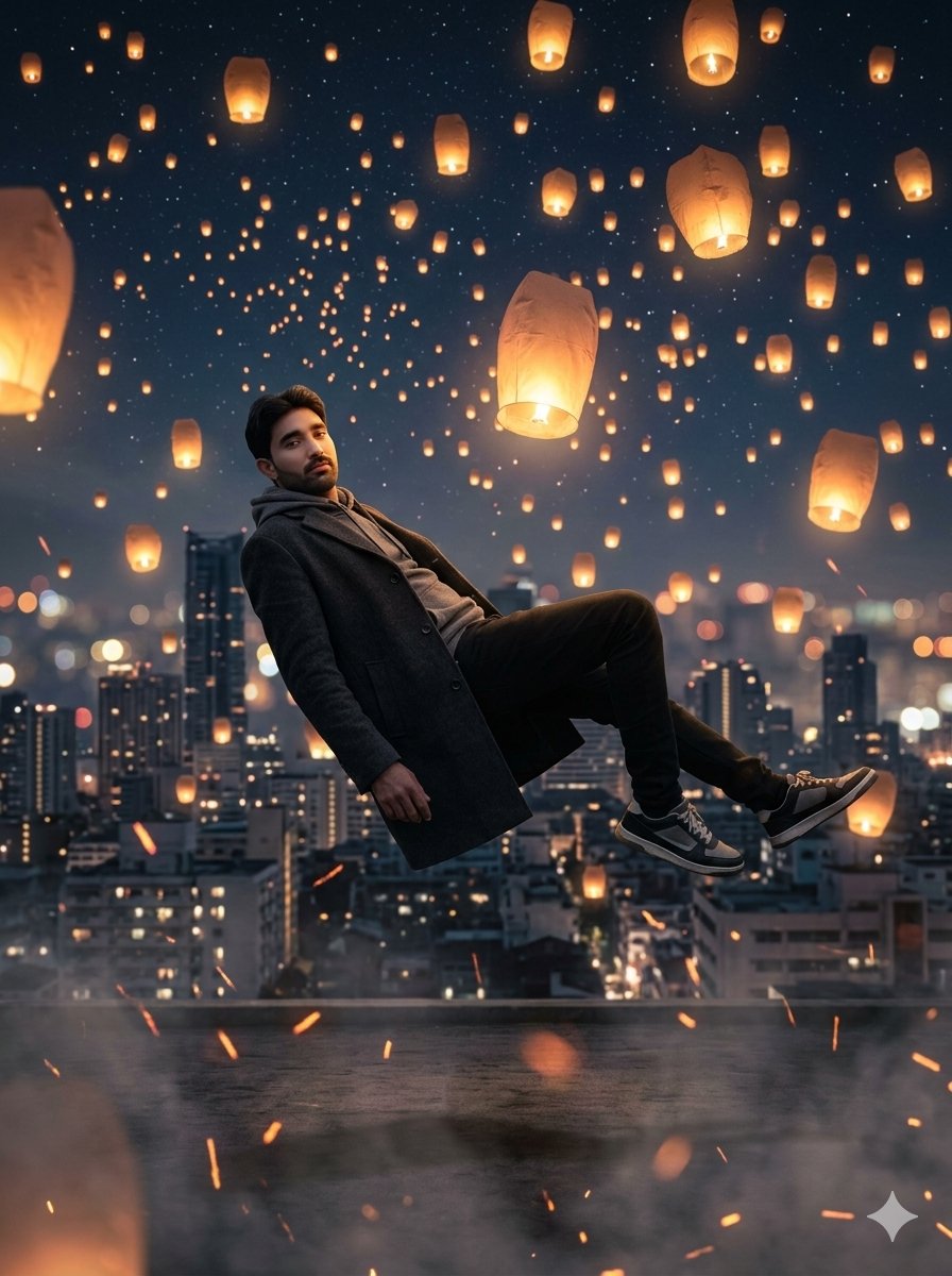 Floating Man Above Lantern City AI image template preview