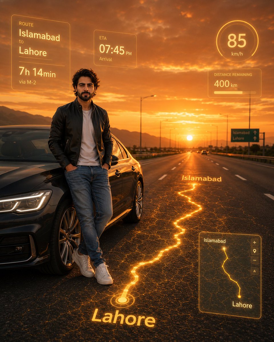 Photorealistic Man with HUD Navigation on Highway AI image template preview