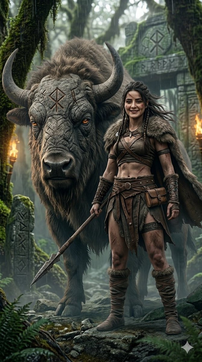 Fantasy Huntress and Ancient Beast AI image template preview