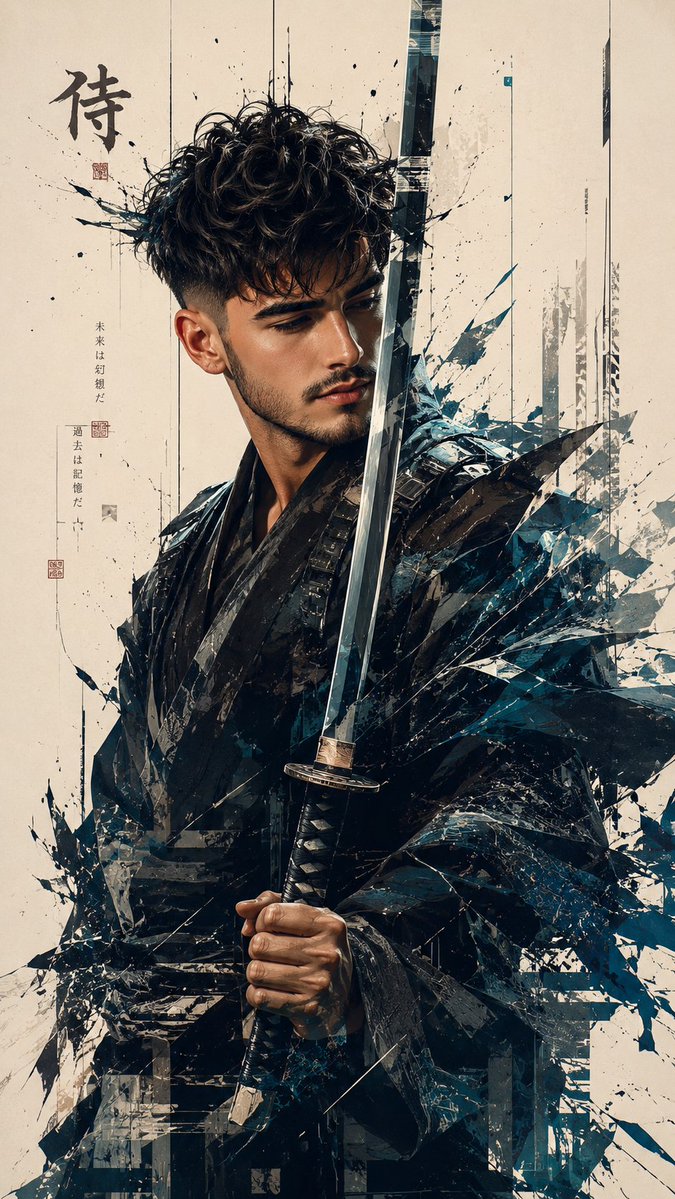 Futuristic Samurai Glitch Art Portrait AI image template preview