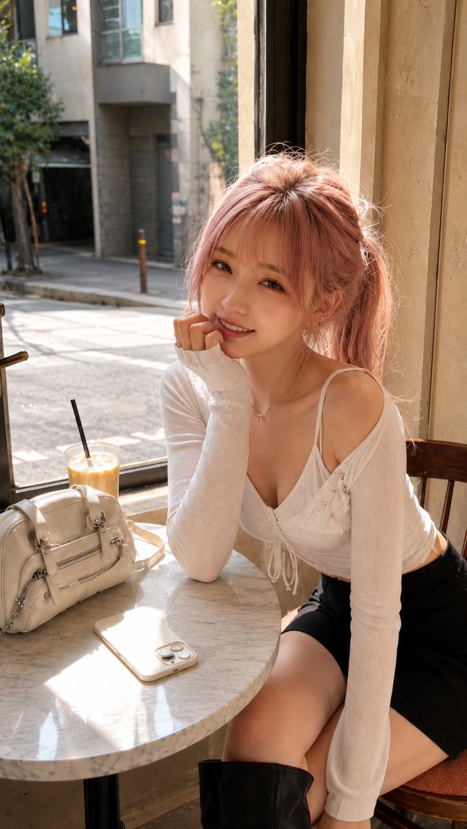 Sunlit Cafe Portrait with High Pony AI image template preview