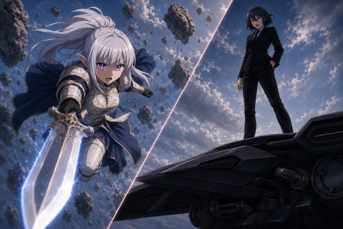 Anime Split-Screen Sword Confrontation AI image template preview