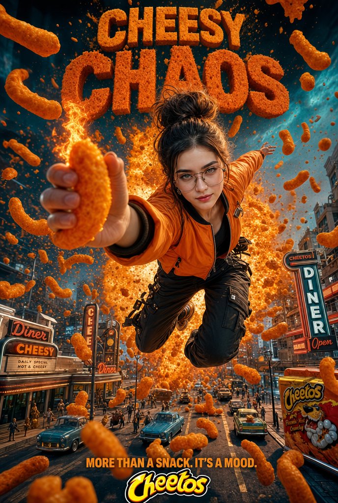 Cheesy Chaos Snack Ad AI image template preview
