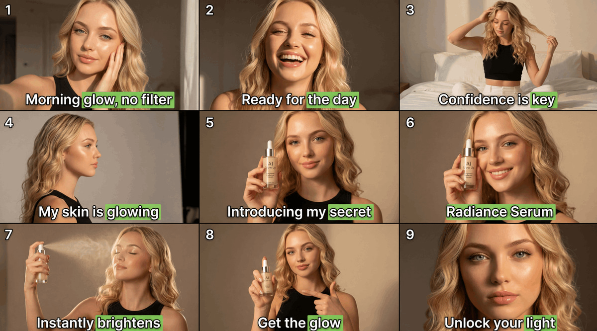 9-Panel Beauty Serum Storyboard AI image template preview