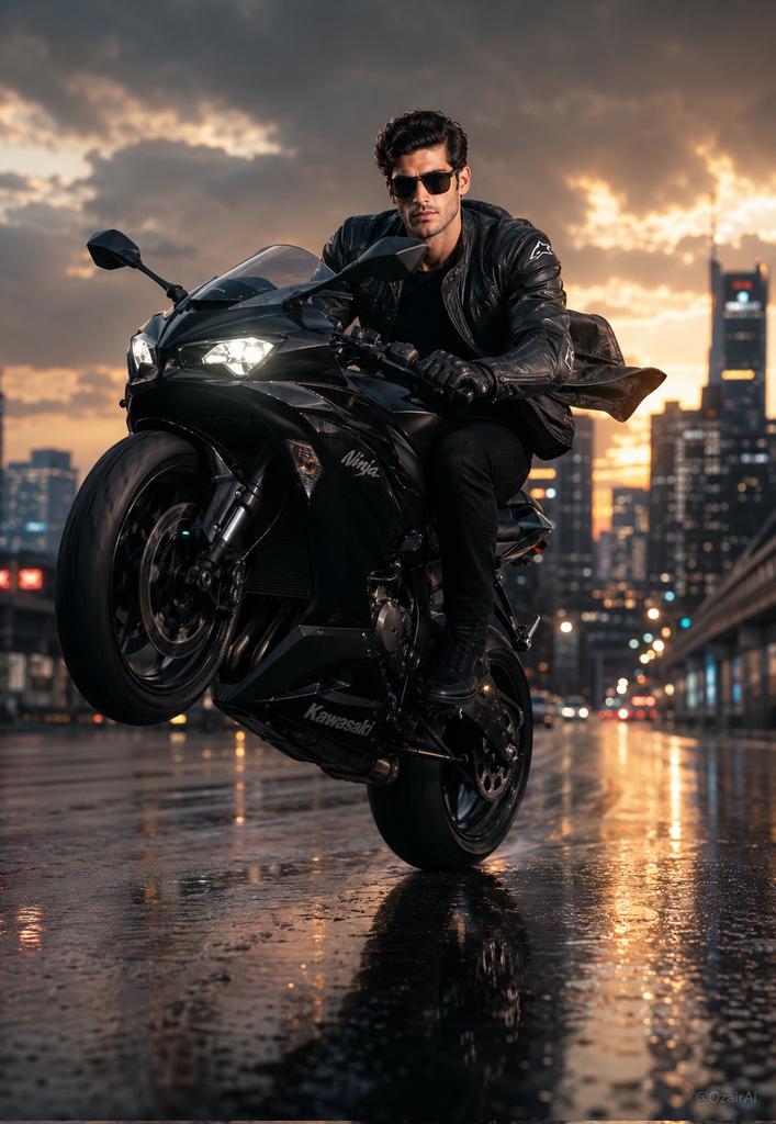 Hyper-Realistic Biker Wheelie Portrait AI image template preview