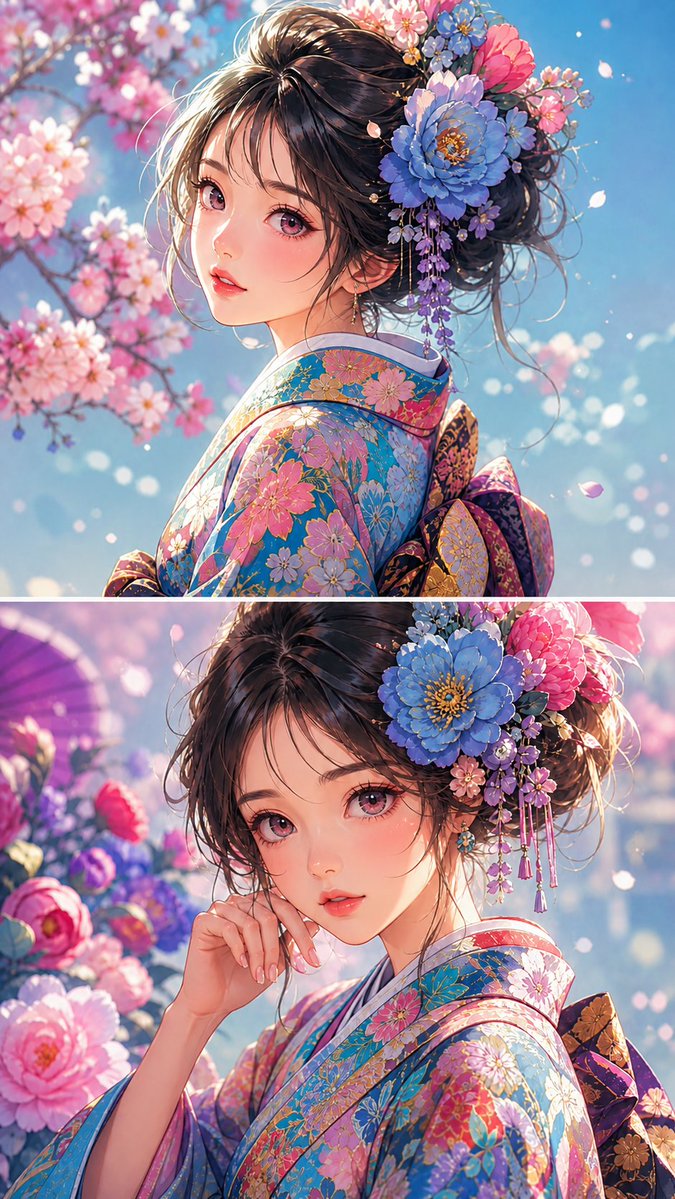 Anime Girl Floral Kimono Portrait AI image template preview