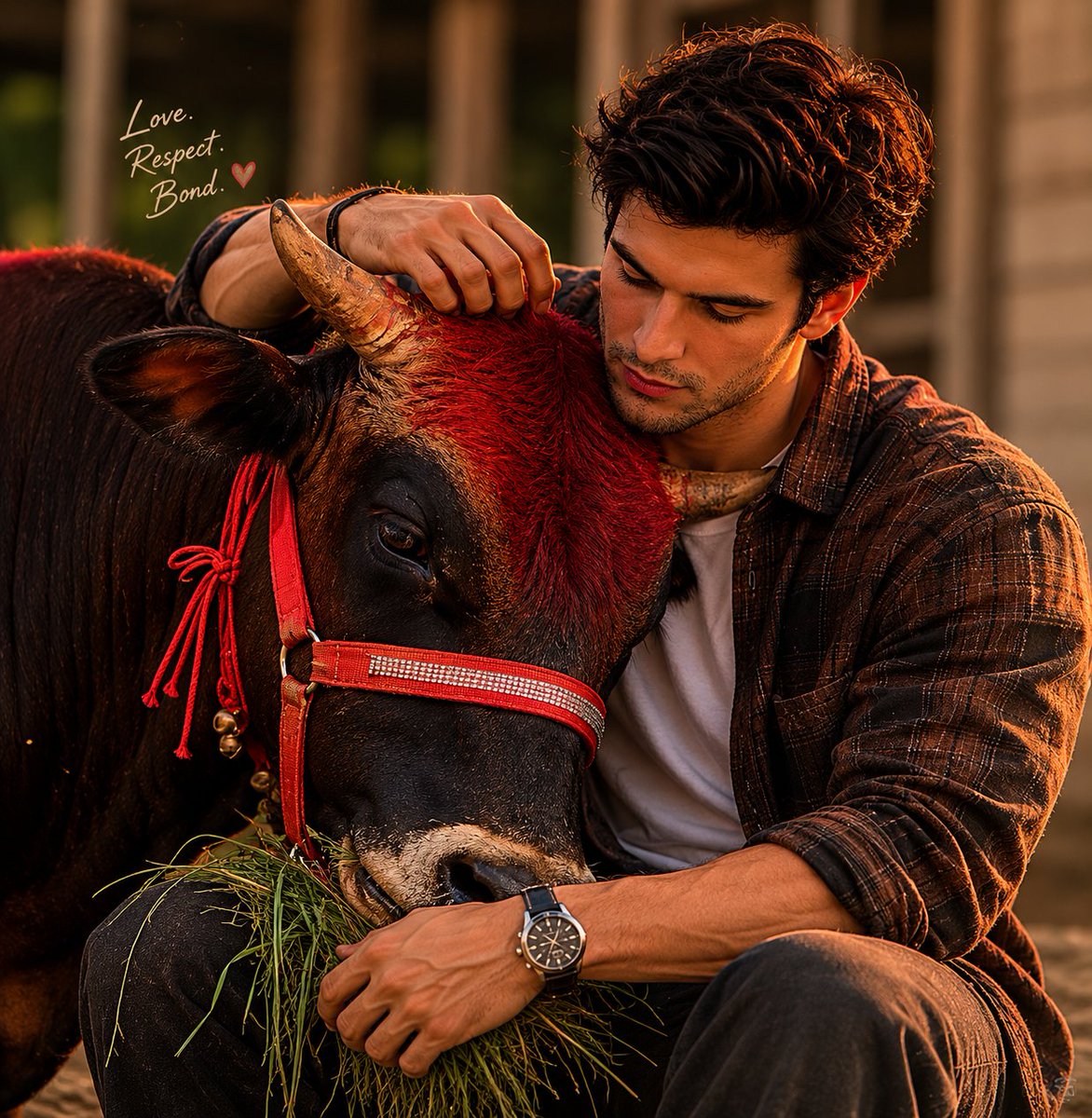 Man and Bull Emotional Bond Portrait AI image template preview