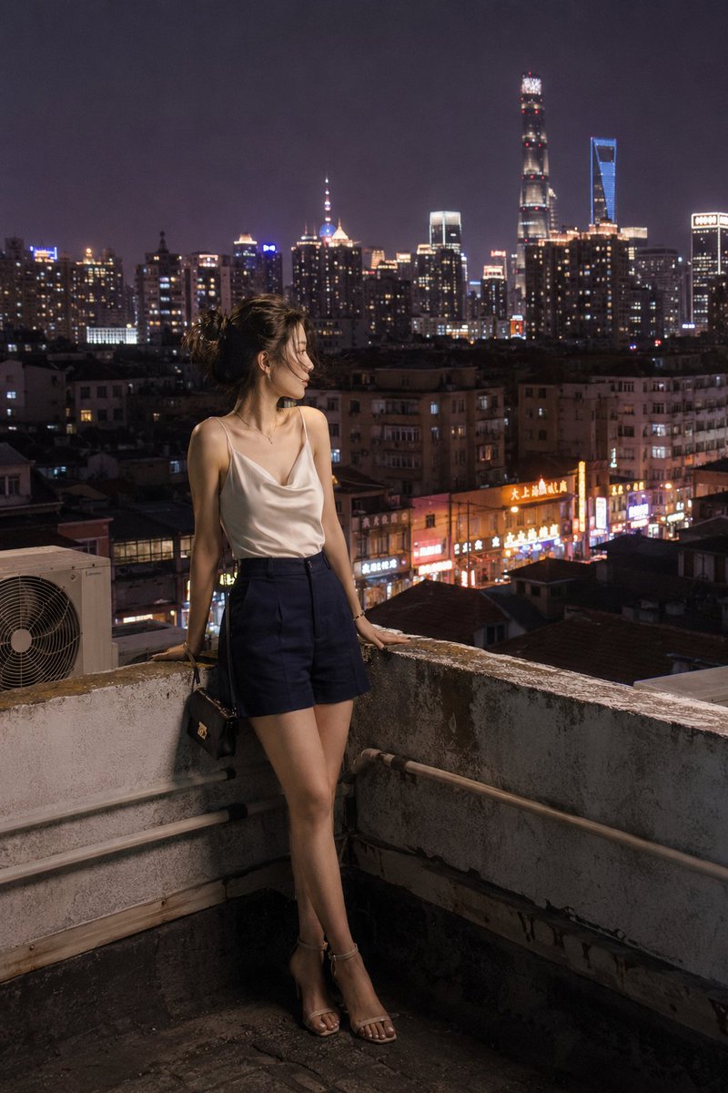 Shanghai Shikumen Rooftop Night Portrait AI image template preview