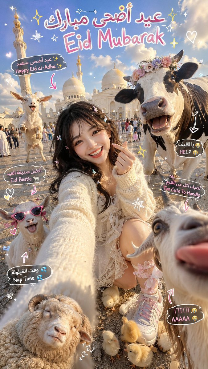 Chaotic Eid Selfie with Animals AI image template preview