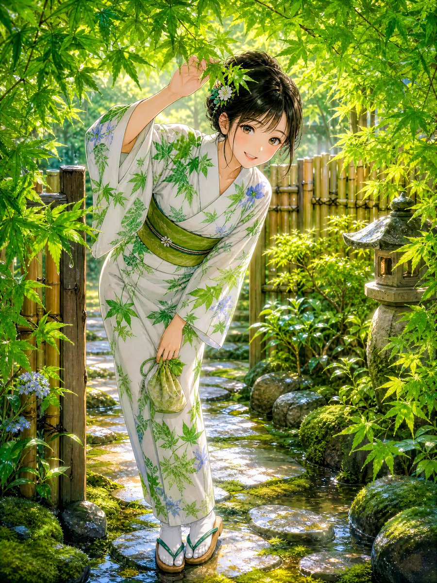 Rainy Maple Garden Kimono Scene AI image template preview