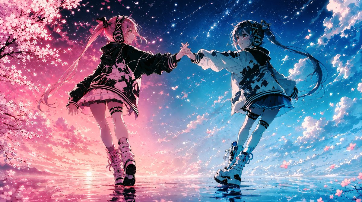 Twin Idols Under Sakura Stars AI image template preview