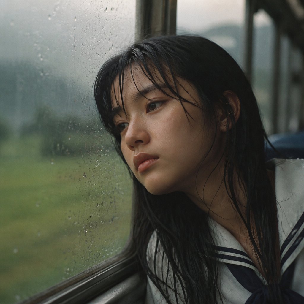 Rainy Train Schoolgirl Portrait AI image template preview