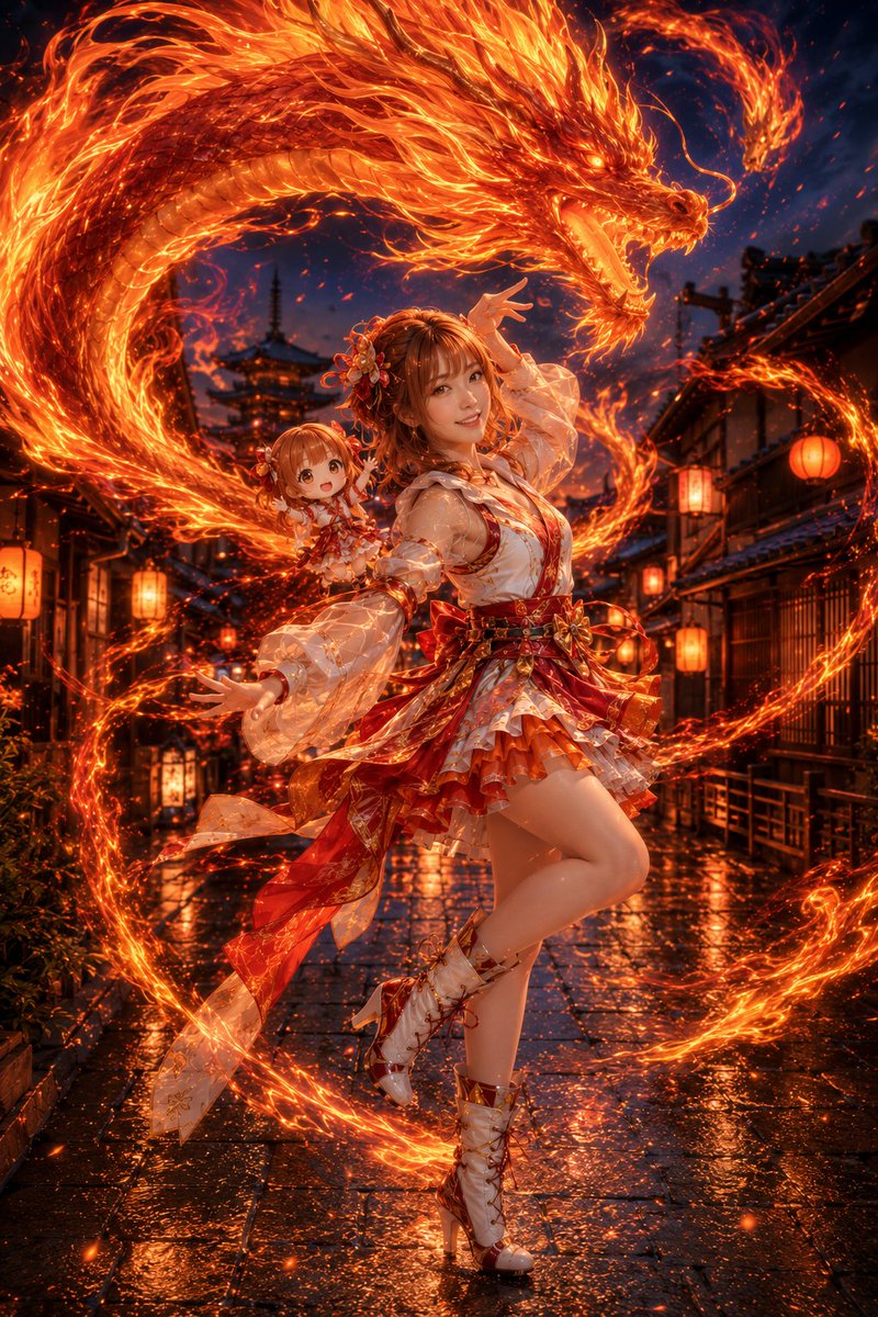 Fire Dragon Magic Girl in Old Kyoto AI image template preview