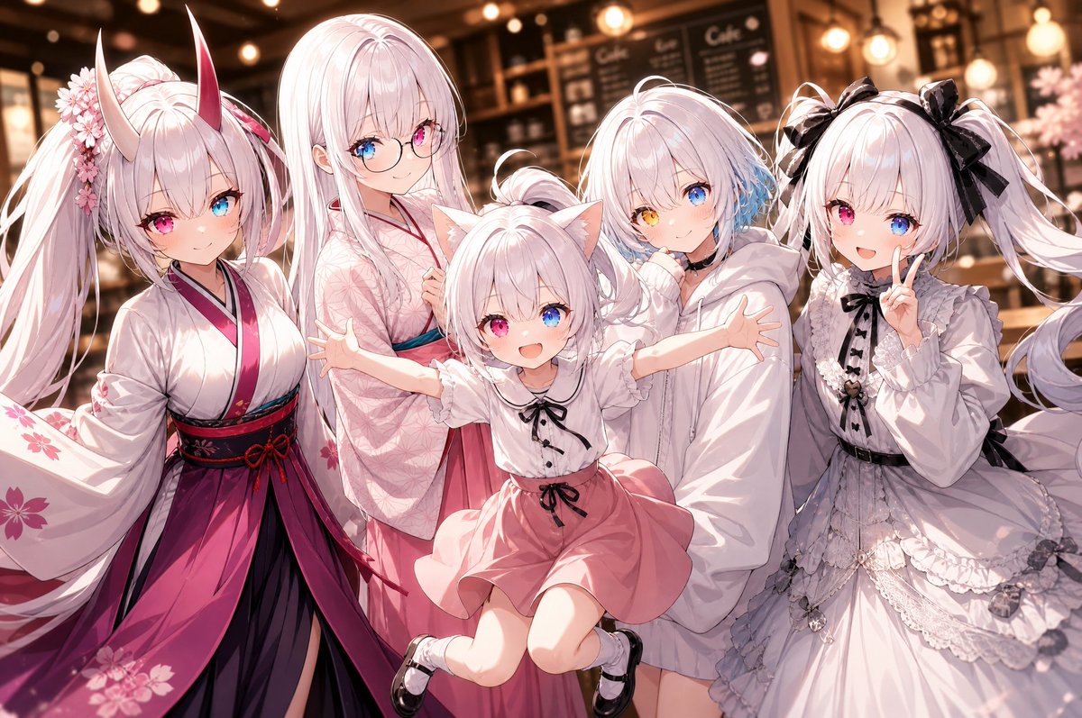 Five-Girl Anime Café Group Portrait AI image template preview