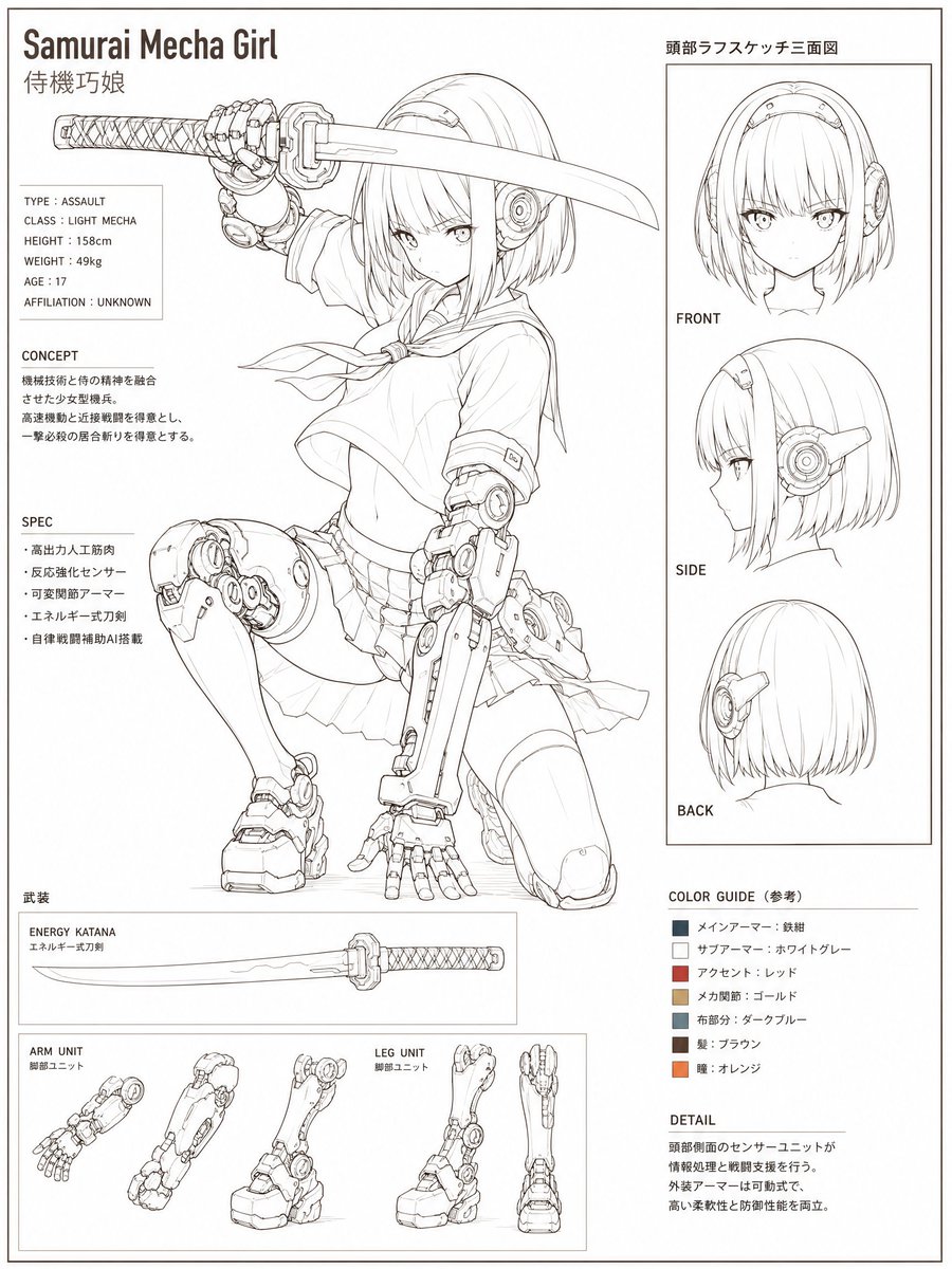 Samurai Mecha Girl Reference Sheet AI image template preview