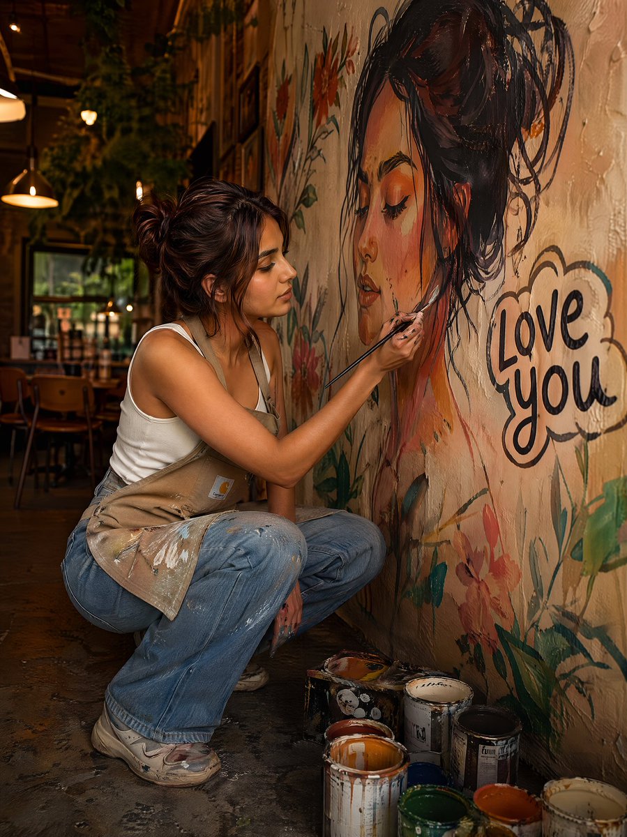 Editorial Portrait of Artist Painting Café Mural AI image template preview