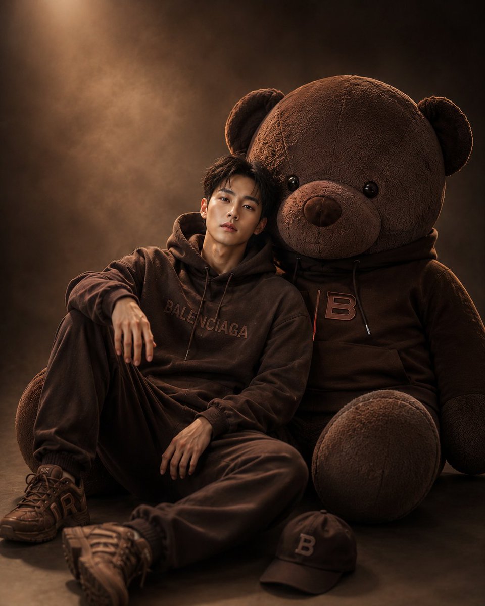 Cinematic Studio Portrait with Giant Teddy Bear AI image template preview