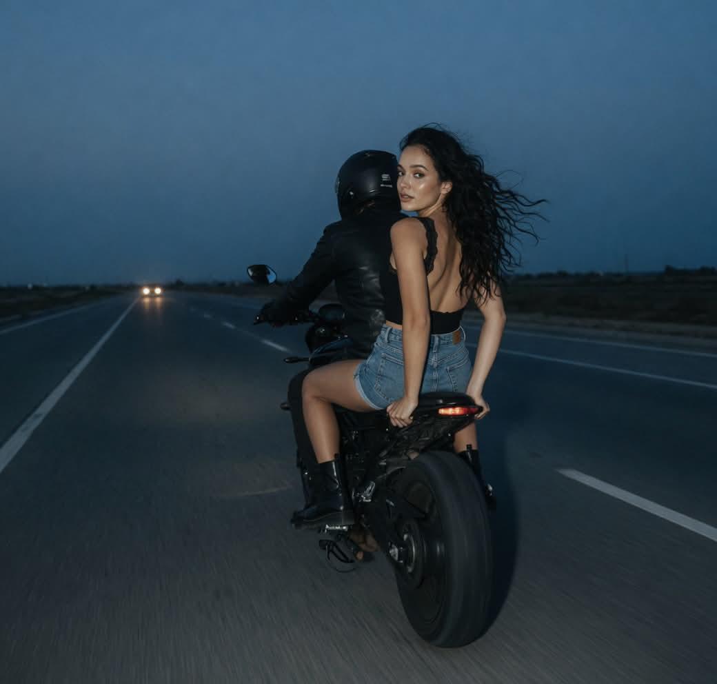 Cinematic Biker Duo Dusk Shot AI image template preview