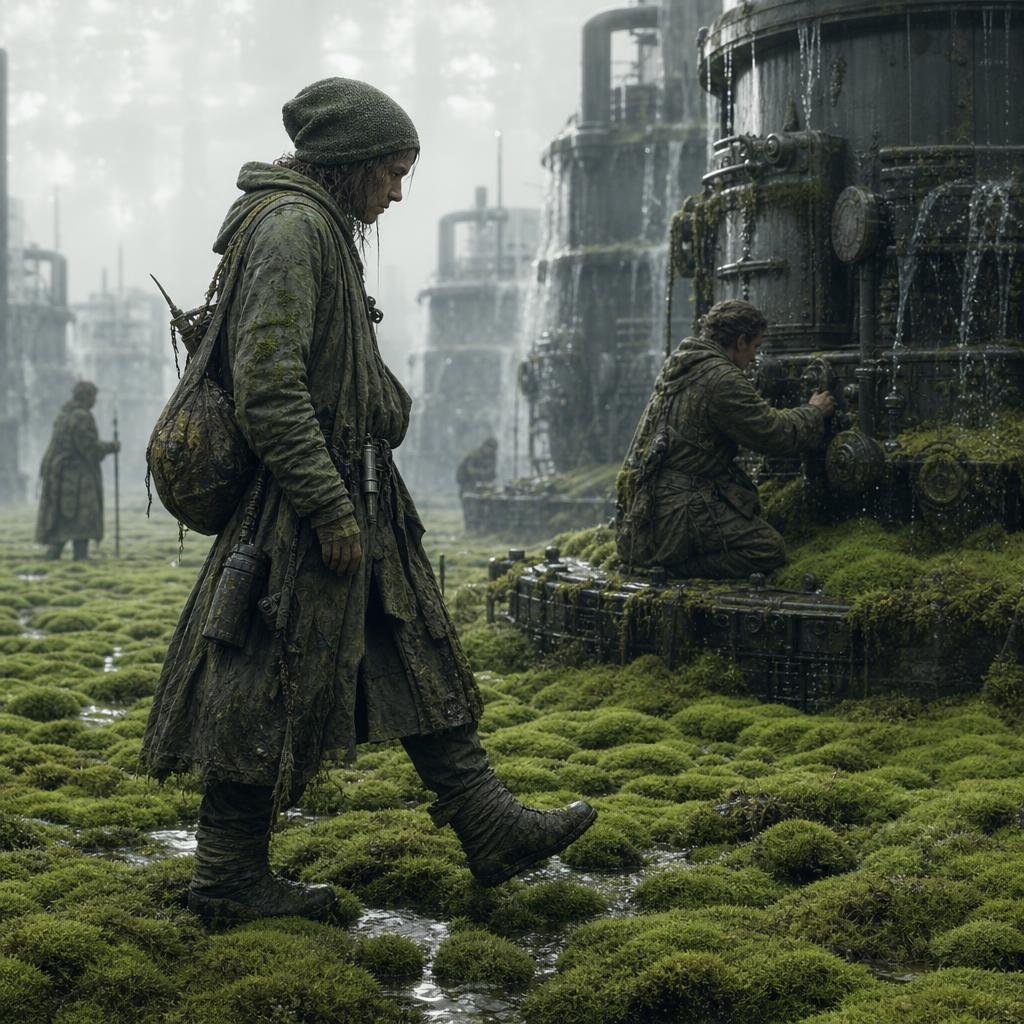 Moss-Covered Industrial Survivors AI image template preview