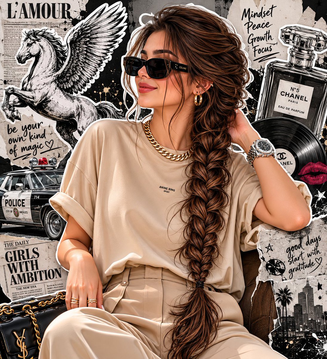 Fashion Editorial Portrait with Grunge Collage AI image template preview