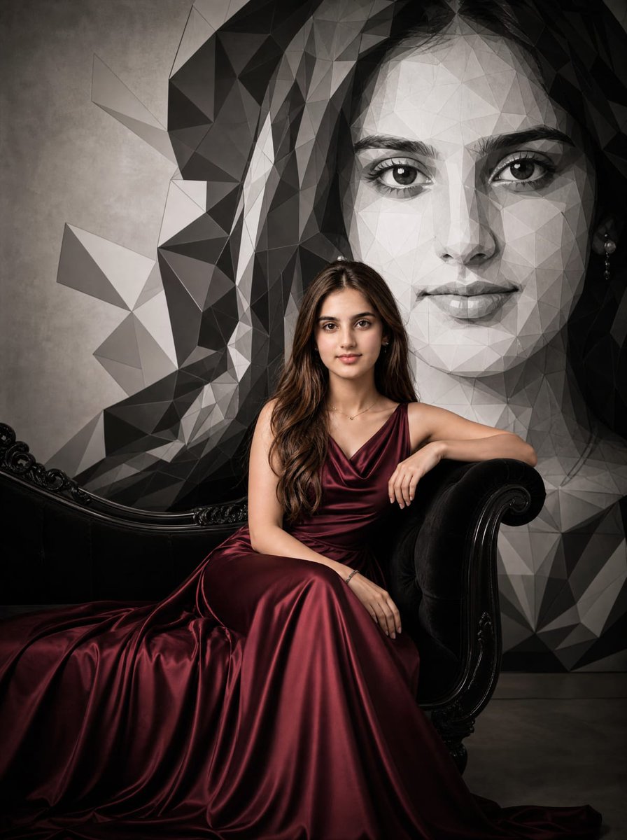 Burgundy Gown Editorial on Black Chaise AI image template preview