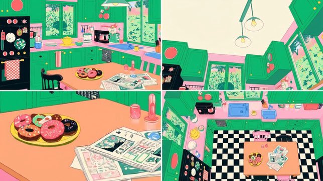 Four-Panel Retro Kitchen Scene AI image template preview