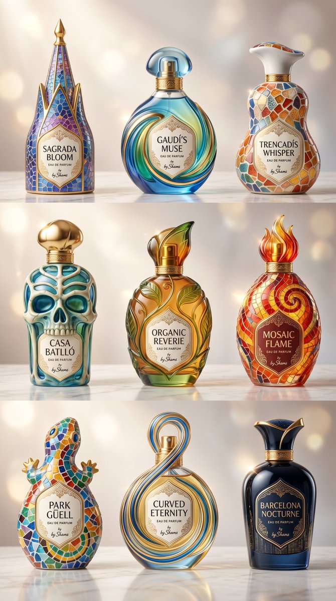 Gaudí-Inspired Perfume Bottle Grid AI image template preview