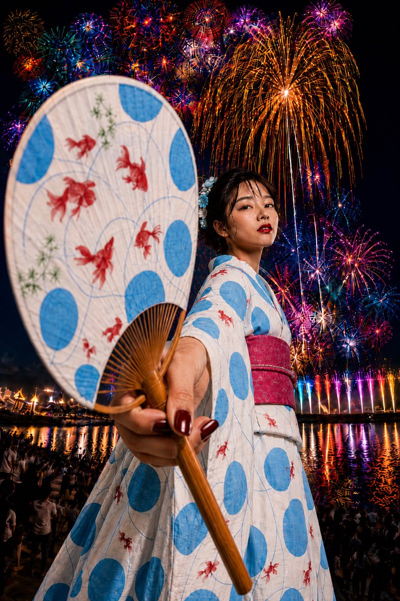 Goldfish Yukata Fireworks Festival Portrait AI image template preview