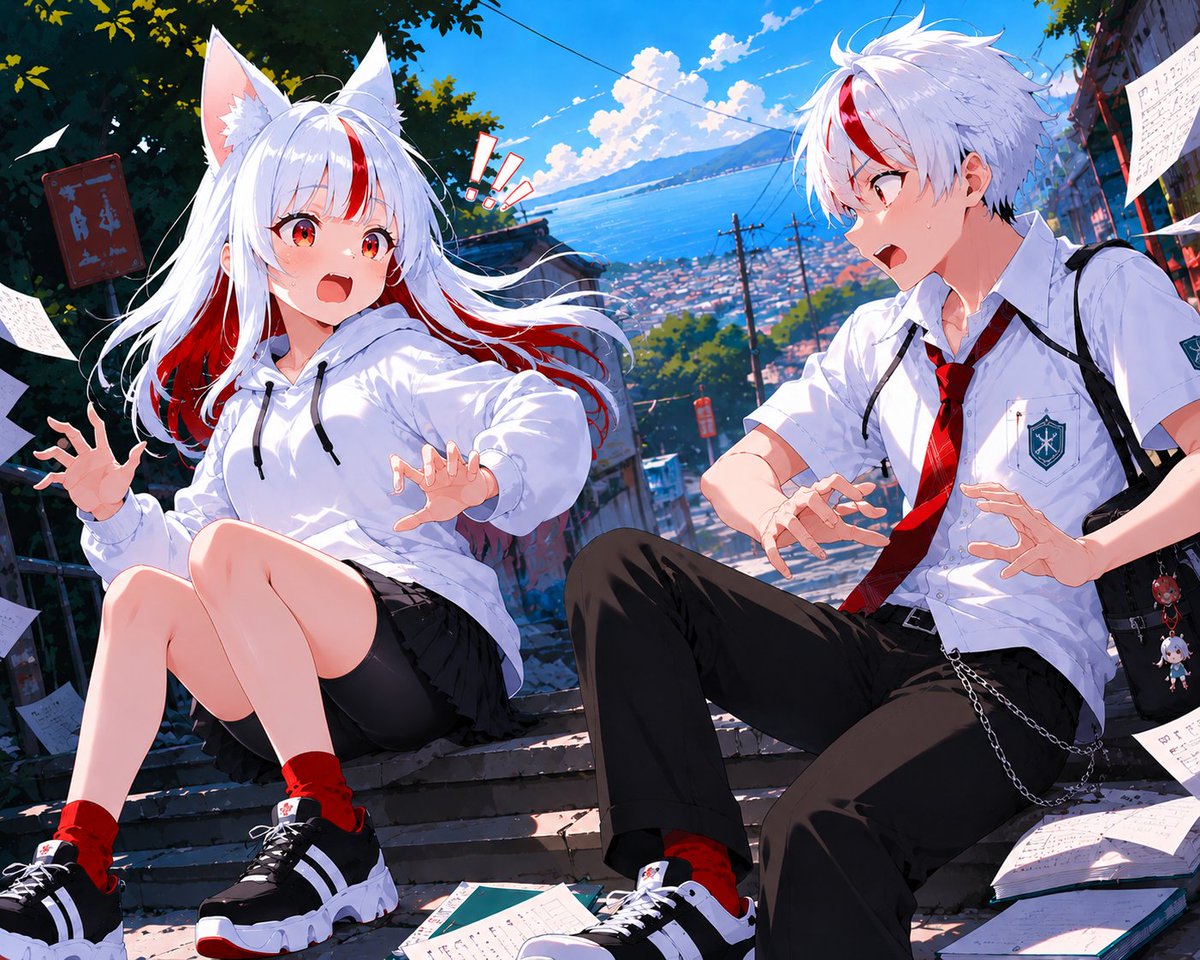 Fox-Eared Anime Students by the Sea AI image template preview