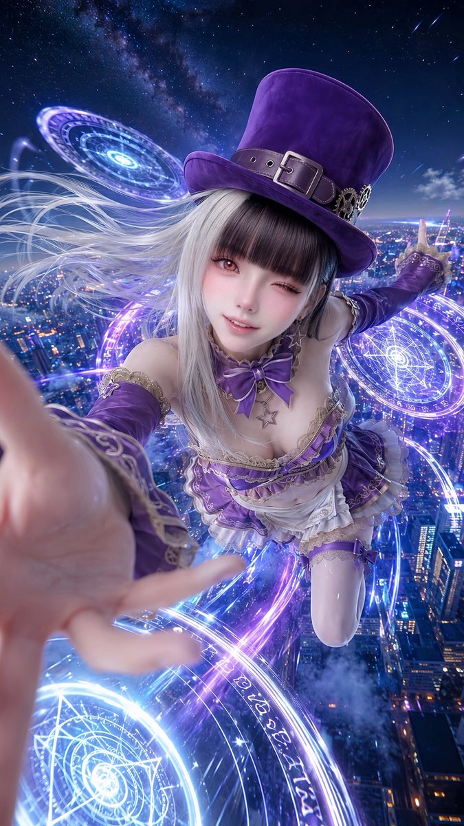 Magical Steampunk Idol Above Neon City AI image template preview