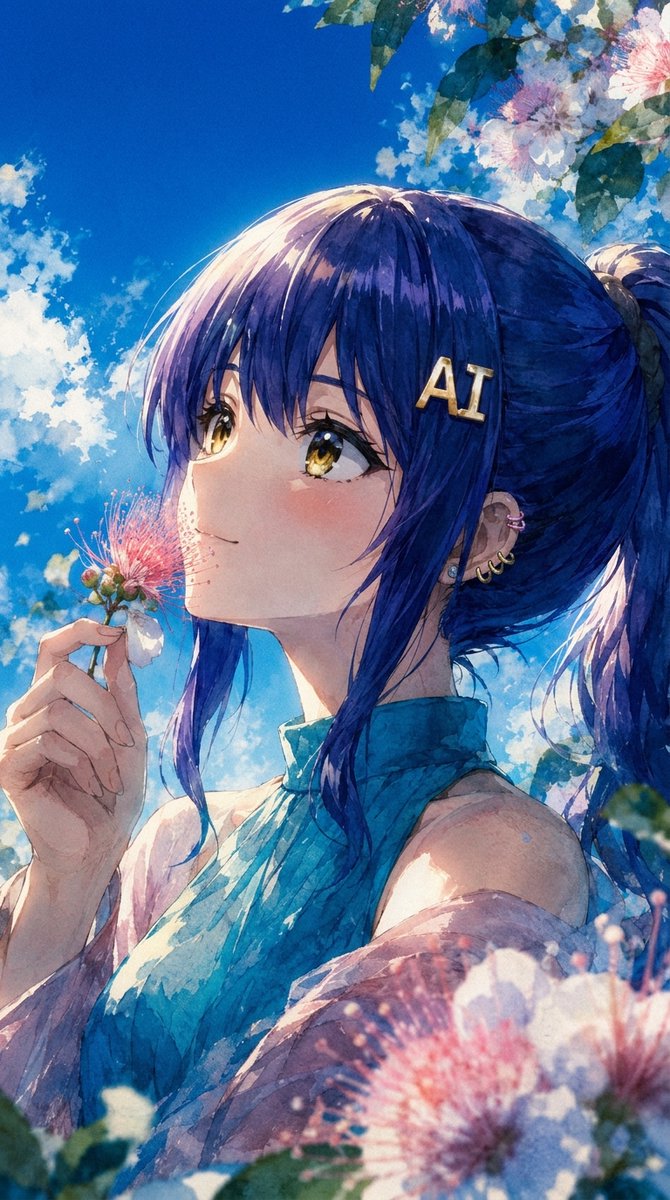 Summer Anime Portrait with Silk Tree Flowers AI image template preview