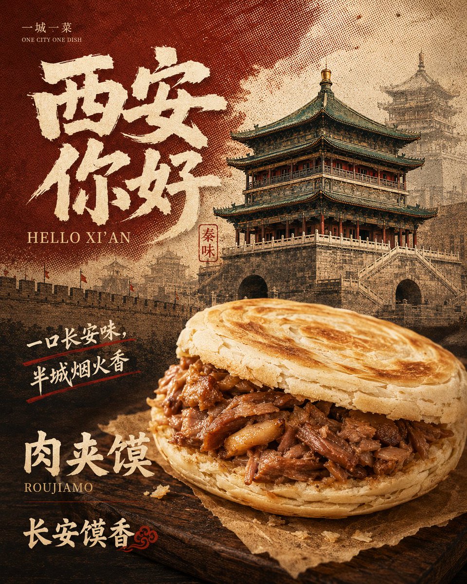Retro Xi'an Roujiamo Food Poster AI image template preview