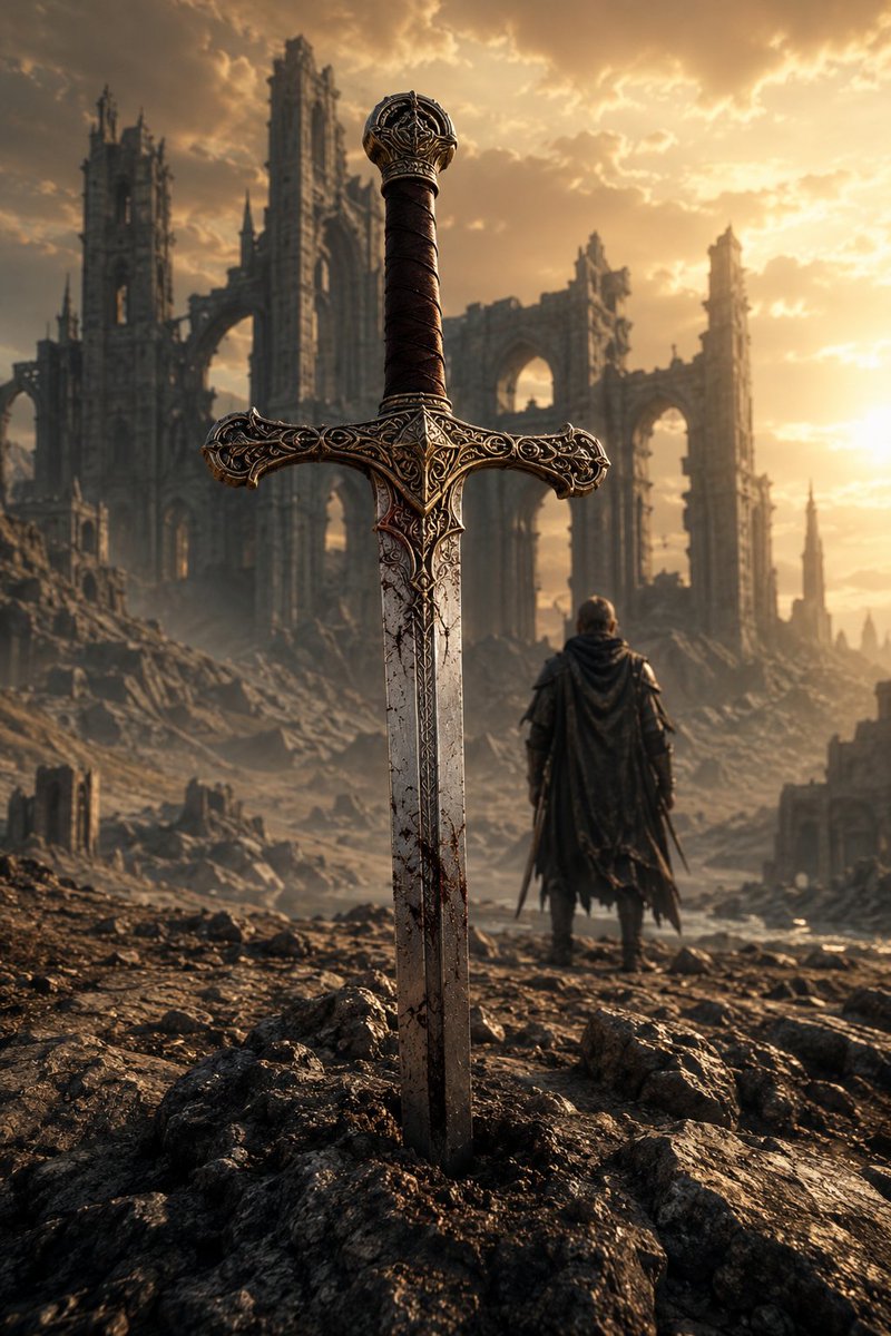 Medieval Fantasy Sword in Apocalyptic Landscape AI image template preview