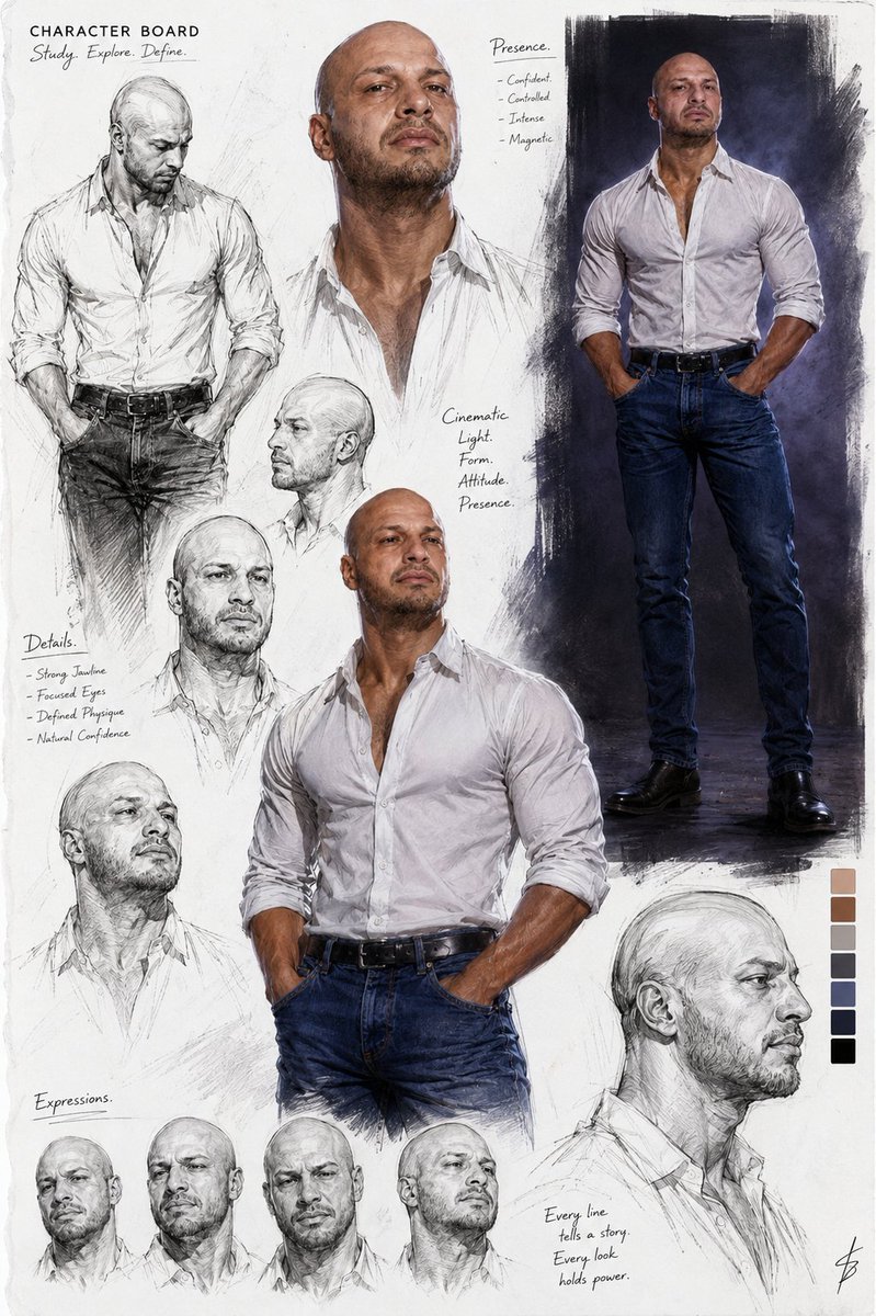 Cinematic Male Character Concept Board AI image template preview