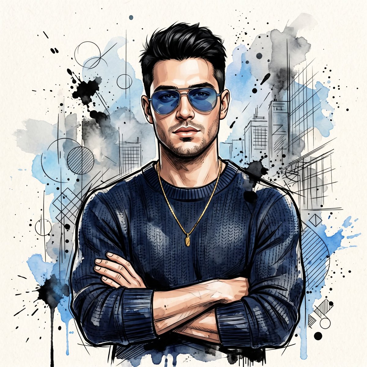 Watercolor Man Portrait with City Skyline AI image template preview