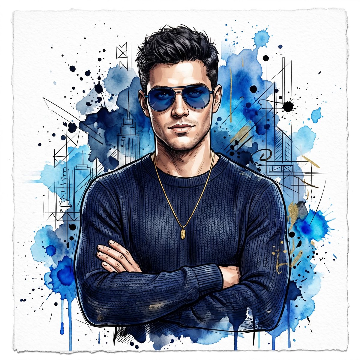 Watercolor Man Portrait with City Skyline example 2