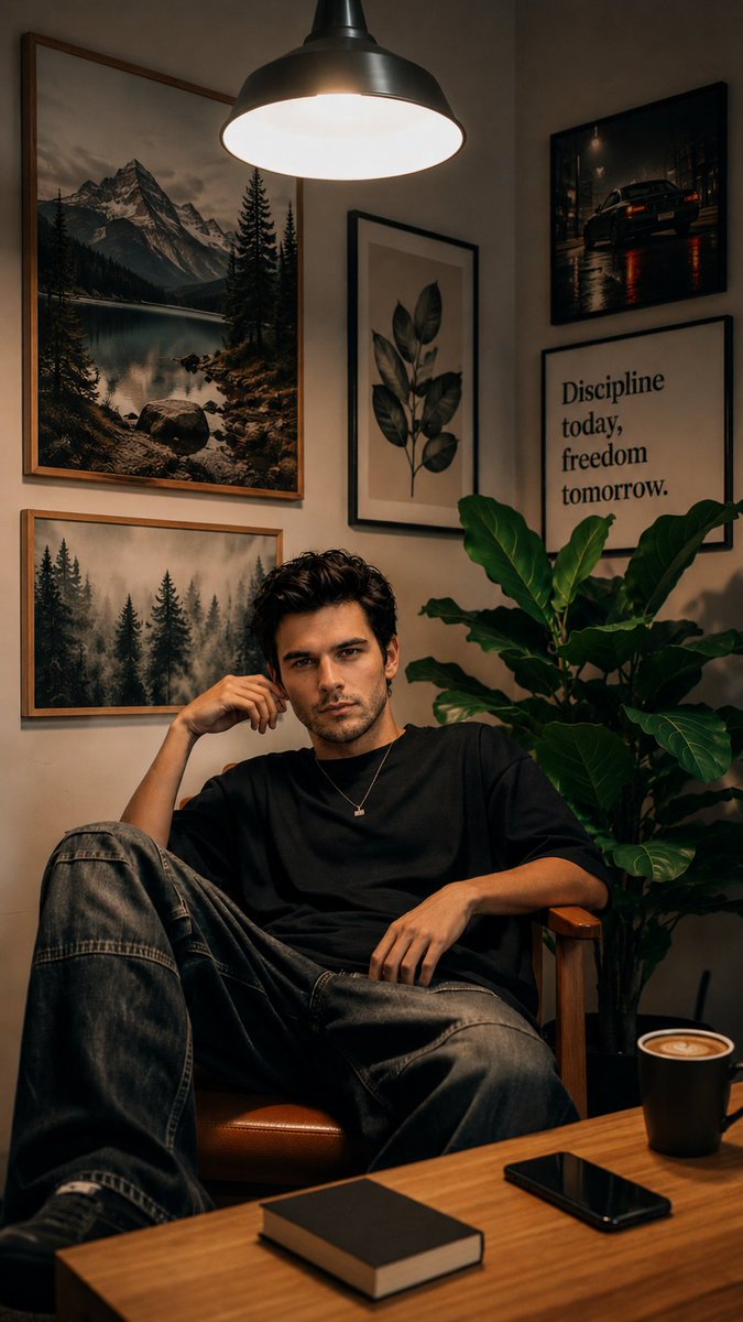 Cozy Workspace Café Portrait AI image template preview