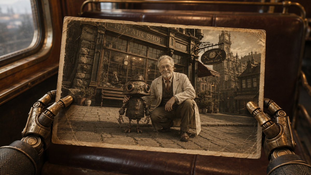 Steampunk Hands Holding Old Photo AI image template preview