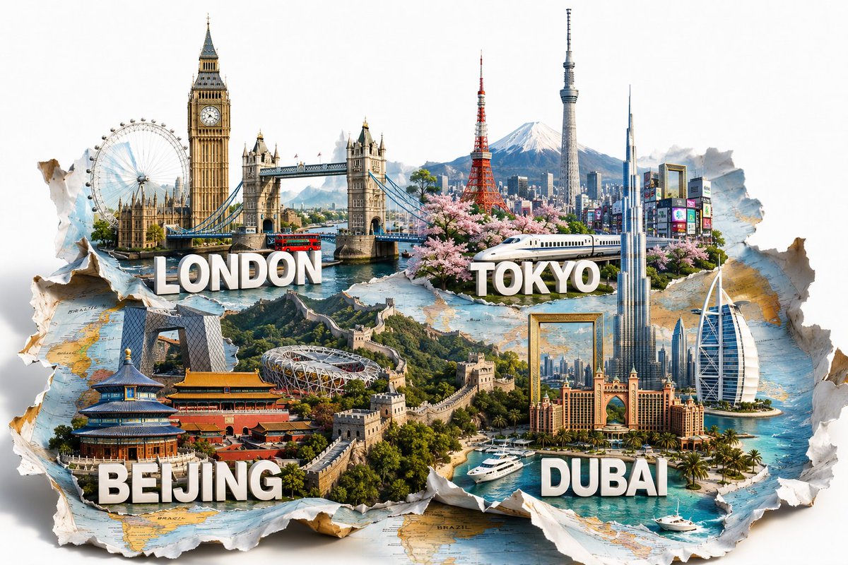 Pop-Up World Map City Collage AI image template preview