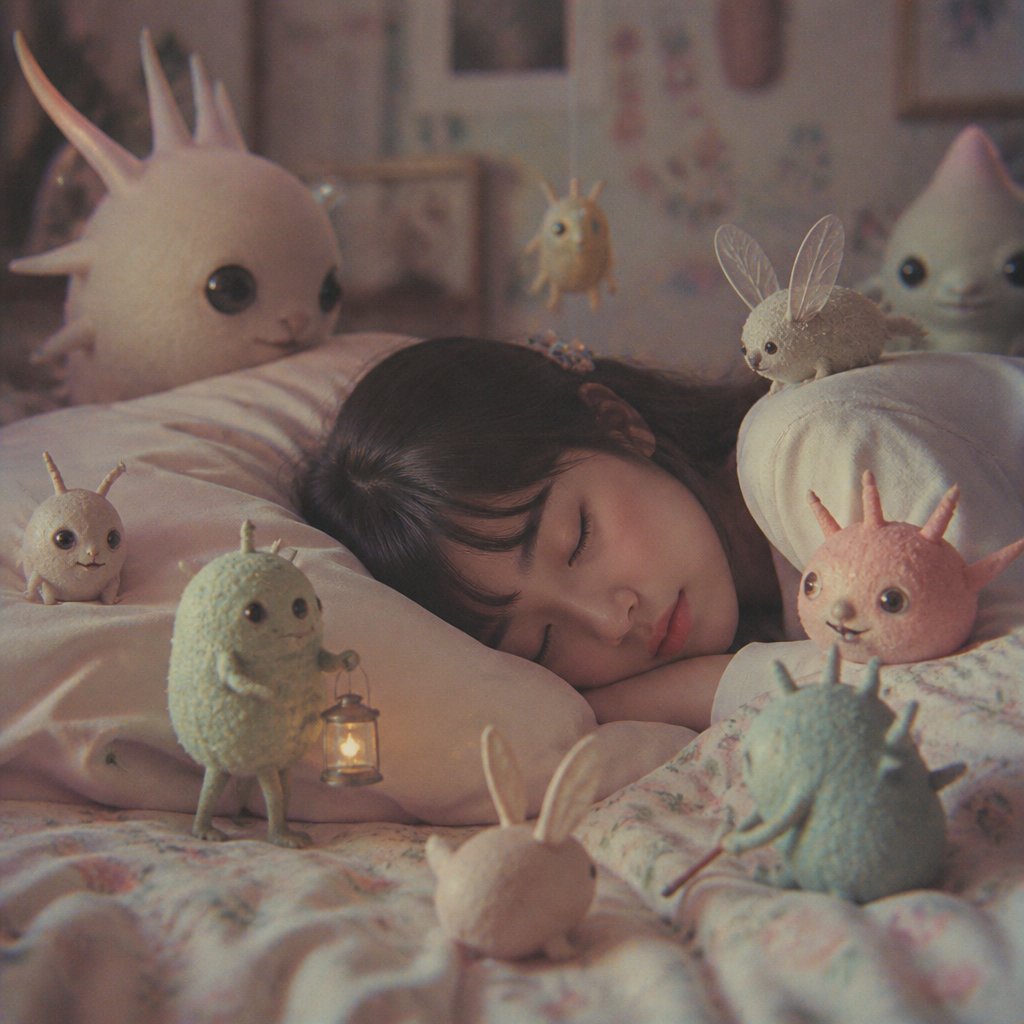 Sleeping Child with Dream Creatures AI image template preview