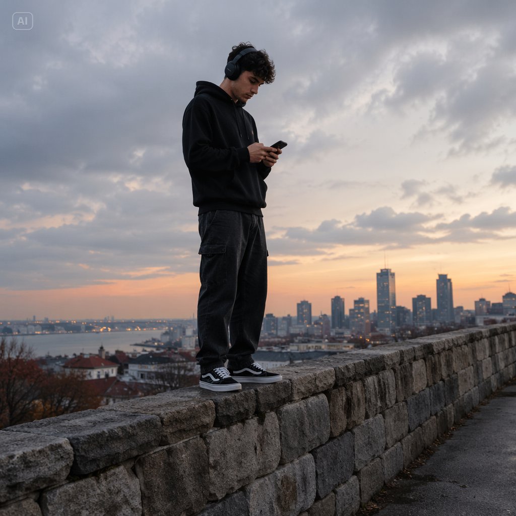 Man Texting on City Overlook example 2