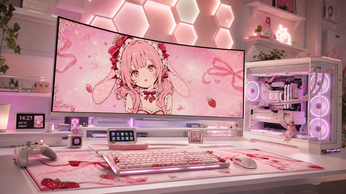 Pastel Pink Anime Gaming Desk Setup AI image template preview