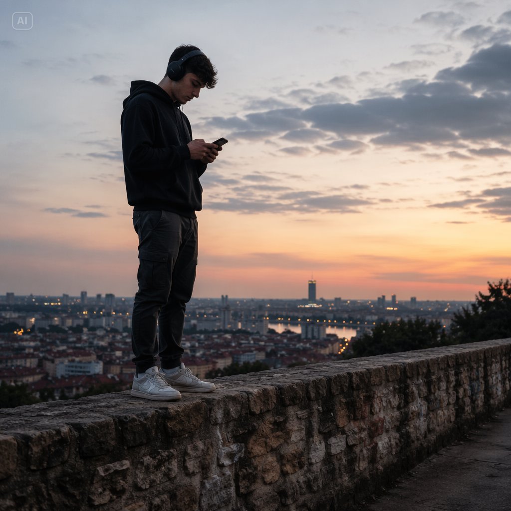 Man Texting on City Overlook example 3