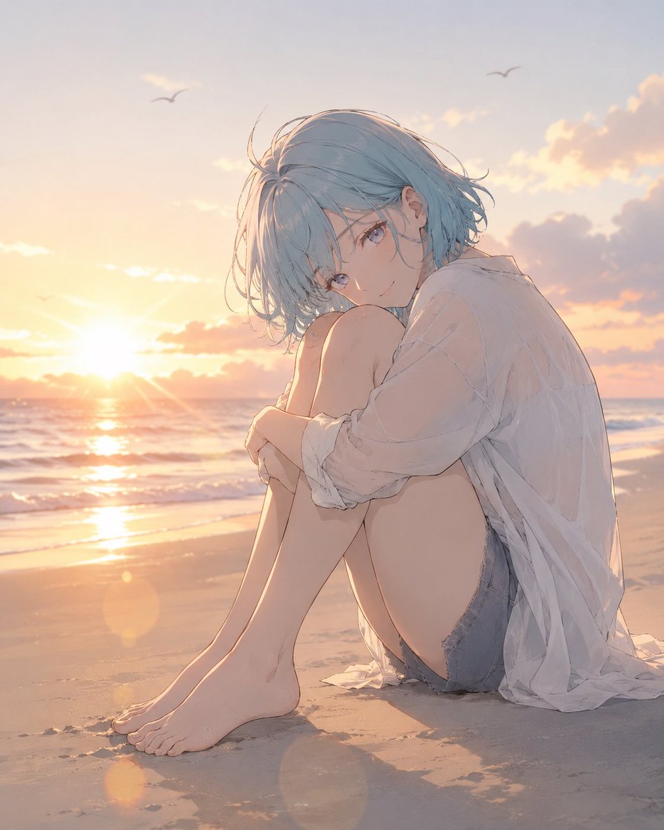 Anime Woman at Sunset Beach AI image template preview